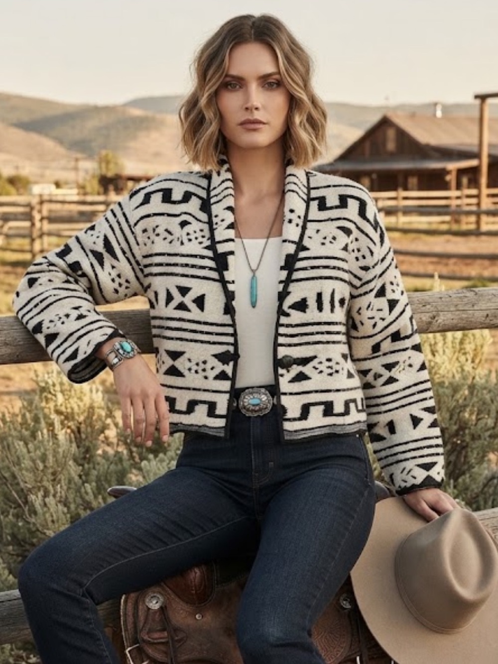 ANU by Natural Black & White Geometric Woven Jacket XL Boho Tribal Button Front